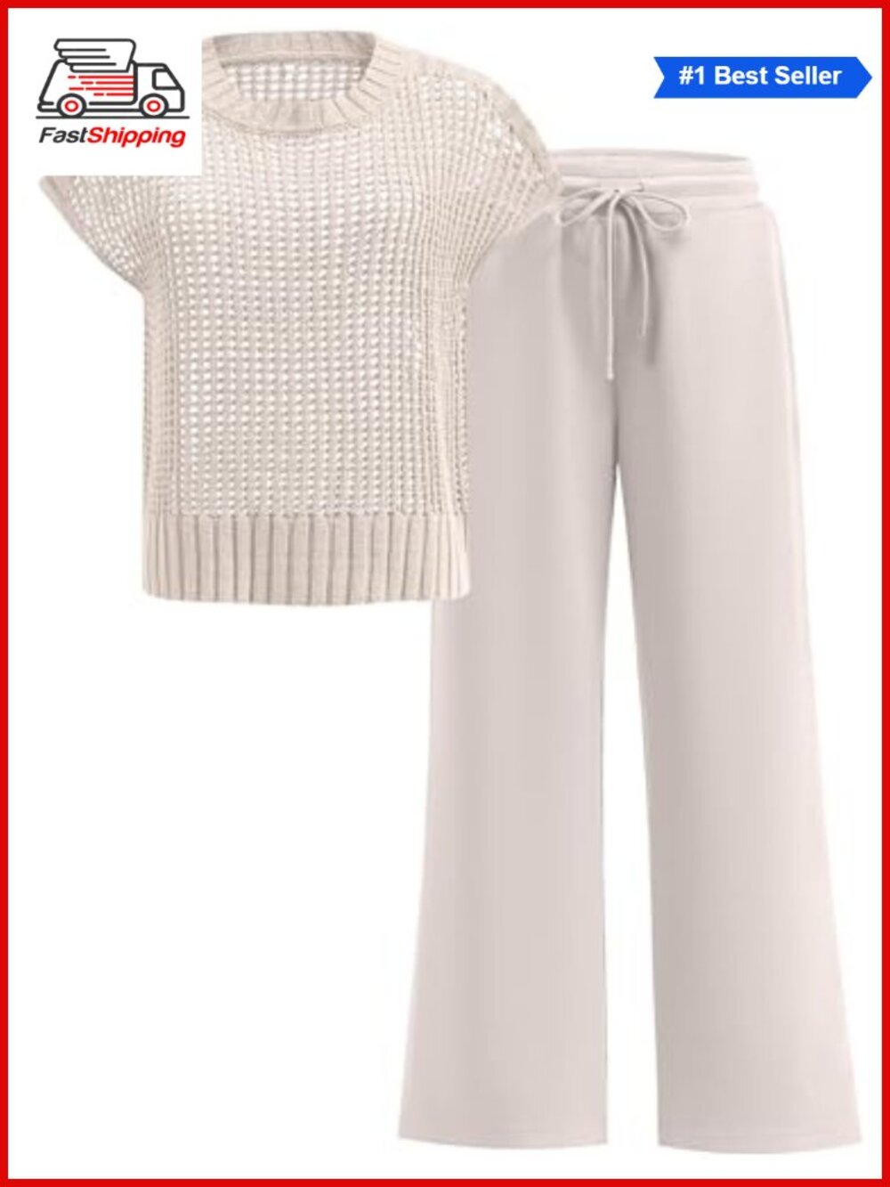 ✨ Women Two Piece Crochet Sheer Knit Sweater Top Wide Leg Pants Lounge Set